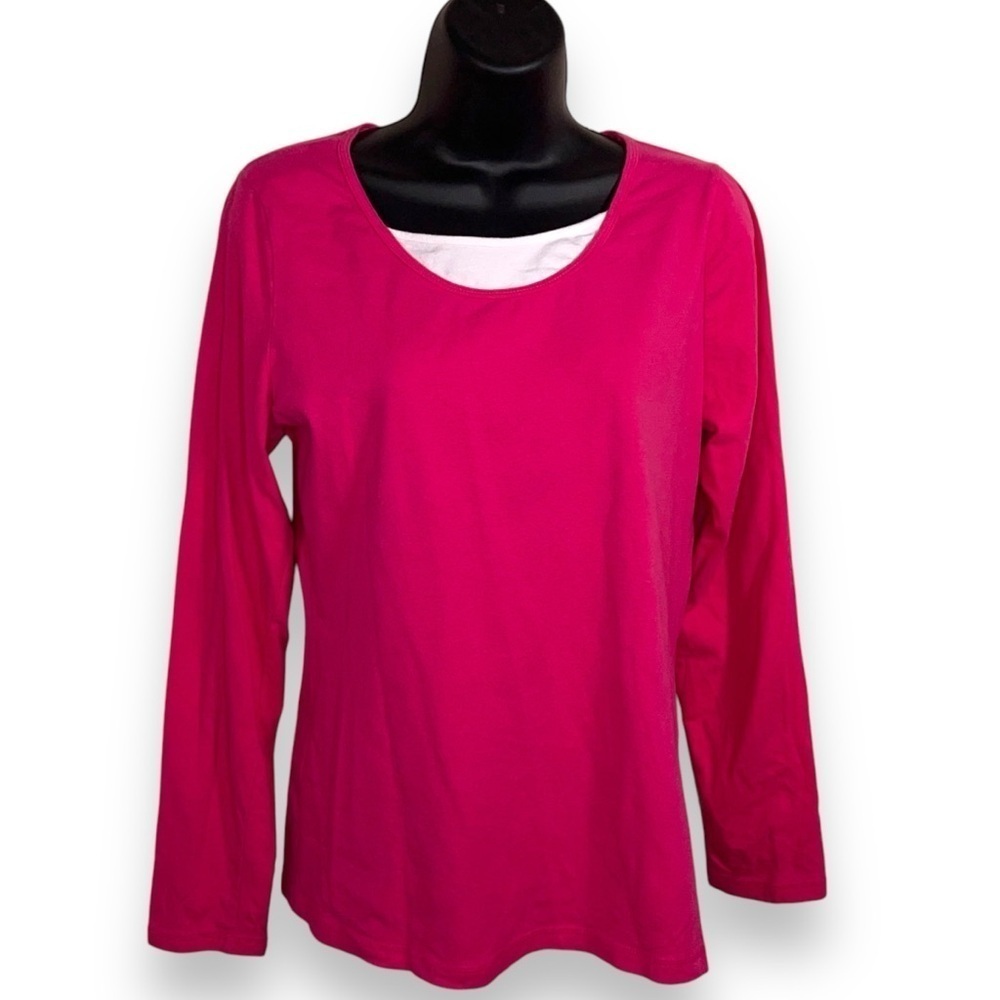 LARGE DANSKIN NOW PINK TOP COTTON BLEND LONG SLEEVE WHITE NECKLINE ACCENT